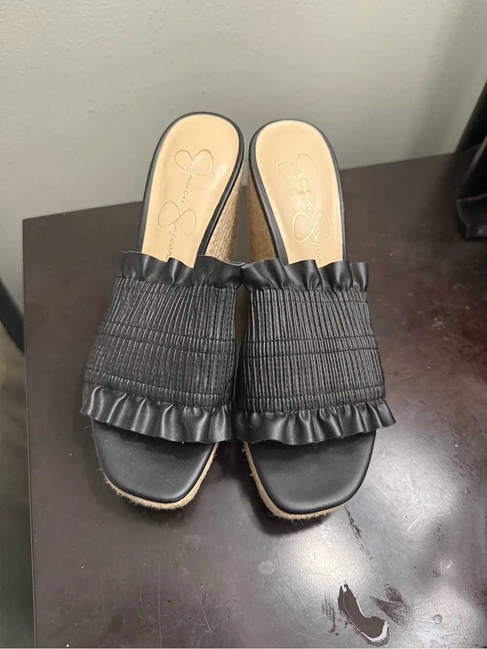 Jessica Simpson Black Ruffled Espadrille Wedge Slides